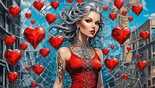 ((flying  grey head celtic woman in a web in spiral crystal fibonaci, in a building, lots of red hearts)). Psychedelic style,queen of hearts,valentine day's pin up,heart background,valentine pin up,pa