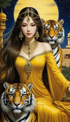 night, beautiful long hair, with jewelry, yellow dress of an Arabian princess, a huge tiger nearby, an Arabian palace,the beautiful woman with a tiger on her shoulder,sundari,arundhati,kshetra,durga,r