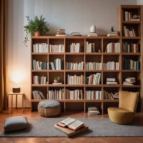 immagine di un interno di una casa italiana di medie dimensioni, con angolo lettura con poltrona e pouf poggiapiedi, con lampada da terra, coperta sulla poltrona e libro appoggiato sopra. Luce soffusa