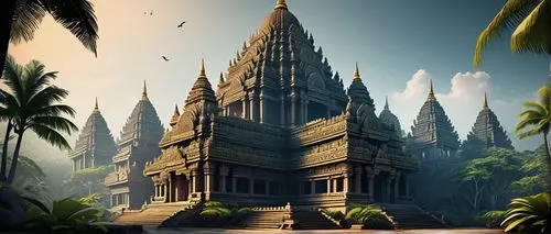 Asi architecture, ancient temple, intricate carvings, ornate details, golden domes, vibrant colors, stone walls, tropical surroundings, lush greenery, misty atmosphere, warm soft lighting, dramatic co