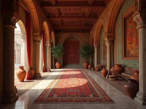 Rich cultural heritage, ornate wooden carvings, vibrant ethnic textiles, intricately patterned rugs, warm natural stone flooring, elegant marble columns, sophisticated metallic accents, luxurious velv