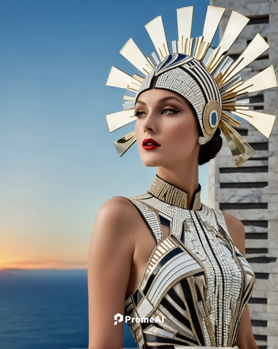 Fullbody Model wearing mosaic decorated VR Headpiece,art deco woman,headdress,ancient egyptian girl,art deco,cleopatra,art deco background,indian headdress,flapper,yellow sun hat,roaring 20's,womans s