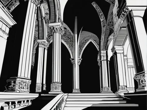 piranesi,cochere,sketchup,archly,pillars,entranceways,columns,hall of the fallen,marble palace,archways,sacristy,palaces,sepulchre,inking,lateran,cathedral,aisle,mono line art,praetorium,archs,Illustration,Black and White,Black and White 33