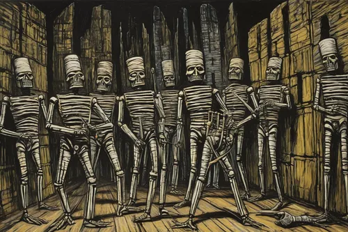 skeletons,mummies,danse macabre,vintage skeleton,woodcut,dance of death,skeletal,cool woodblock images,coffins,guards of the canyon,miners,days of the dead,death's-head,day of the dead skeleton,catacombs,skull rowing,skull bones,musicians,necropolis,khokhloma painting,Art,Artistic Painting,Artistic Painting 01