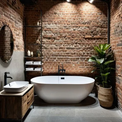 luxury bathroom,tiled wall,modern minimalist bathroom,red brick wall,shower bar,bathroom,clay tile,sand-lime brick,brick house,brickwork,ceramic tile,washbasin,bathtub accessory,bathtub,contemporary decor,red brick,tile kitchen,baths,bath accessories,modern decor,Photography,General,Realistic