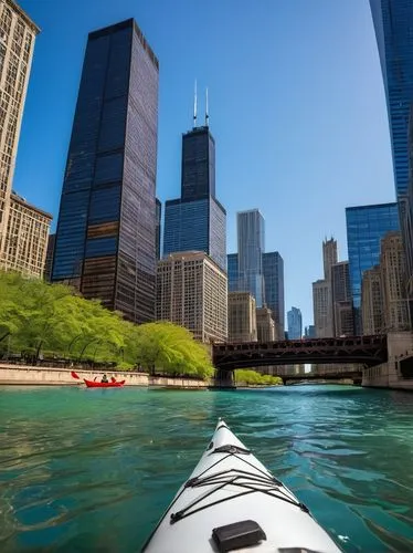 Chicago cityscape, kayak architecture tour, Riverwalk, sunny day, blue sky with few white clouds, Willis Tower, modern skyscrapers, historic buildings, glass reflections, water rippling, kayak paddlin