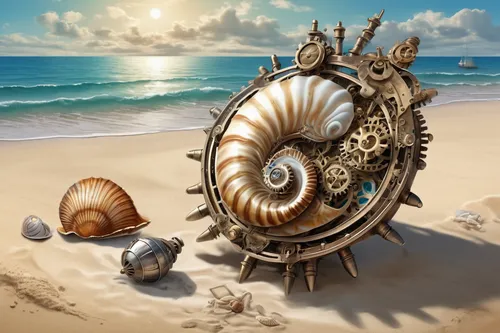 steampunk gears,nautilus,ammonite,ships wheel,sea fantasy,spiny sea shell,sea shell,time spiral,ship's wheel,snail shell,seashell,flotsam and jetsam,caravel,sand clock,chambered nautilus,sea snail,marine gastropods,wind finder,spiral background,deep sea nautilus,Conceptual Art,Fantasy,Fantasy 25