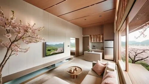 This photo showcases the living room and kitchenette of a suite in a hotel located in Puli, Taiwan, with a design that incorporates elements of spring cherry blossoms. The suite features modern furnit