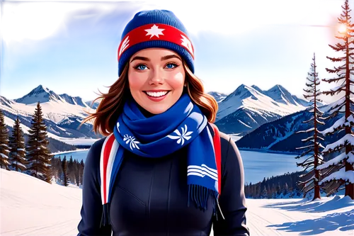 Winter scenery, snow-covered mountain, USA flag, pine trees, frosty air, snowy hills, frozen lake, snowshoes, ski poles, winter outfit, warm hat, scarf, gloves, smiling face, rosy cheeks, bright blue 