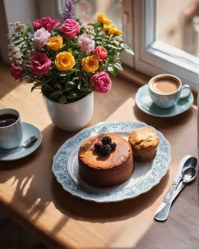 窗邊的桌子上，有一盤蛋糕及咖啡，旁邊有一盆花裝飾
,fika,floral with cappuccino,coffee and cake,kanelbullar,cup and saucer,danish pastry,pastries,danish nut cake,tearooms,danish breakfast plate,morning dessert,sweet pastries,d