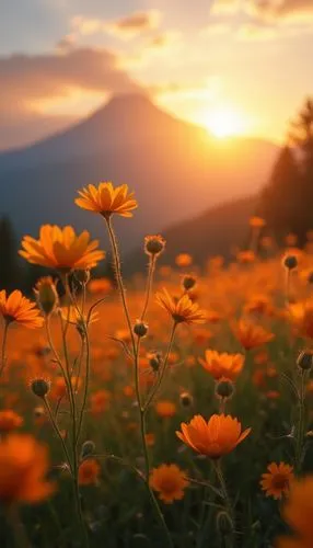 flower in sunset,sun daisies,yellow cosmos,flower field,sun flowers,coreopsis,Photography,General,Realistic