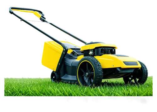 lawn mower, green grass, yellow body, black wheels, sharp blades, low-angle shot, morning sunlight, dew drops on grass, shallow depth of field, realistic texture, vibrant color tone, 3/4 composition, 