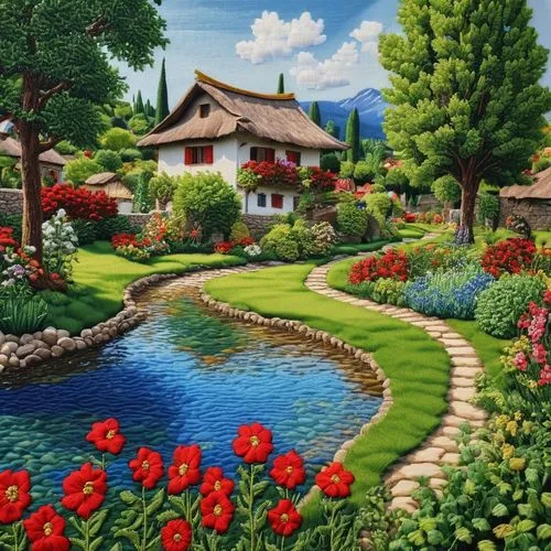 home landscape,cottage garden,landscape background,vegetables landscape,summer cottage,flower garden,nature landscape,country cottage,oil painting on canvas,rural landscape,splendor of flowers,alpine village,cottage,flower painting,garden pond,nature garden,landscape nature,farm landscape,english garden,landscaping,Photography,General,Realistic