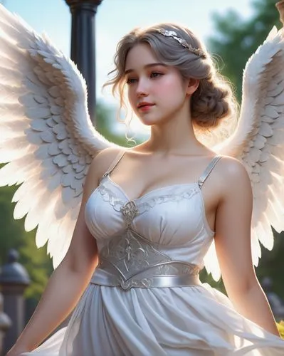 Create a photo realistic in William-Adolphe Bouguereau style of a beautiful adult female angel has a curvy body, white skin, and wearing simple mini lingerie. Realistic hands, realistic five fingers, 