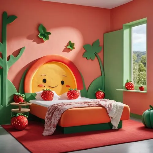 children's bedroom,kids room,baby room,children's room,nursery decoration,watermelon background,kawaii cactus,kitschy,tomato soup,locoroco,gourmelon,brimelow,watermelon painting,the little girl's room,watermelon wallpaper,3d render,3d background,bedroom,teletubbies,watermelon umbrella,Photography,General,Realistic