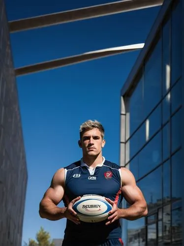 Rugged, masculine rugby player, athletic build, short spiky hair, strong facial features, intense gaze, sweaty skin, worn rugby uniform, holding rugby ball, standing in front of, modern Albuquerque ar