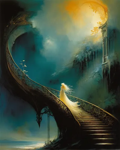 fantasy picture,stairway to heaven,the mystical path,fantasy art,heavenly ladder,winding steps,descent,heaven gate,golden bridge,equilibrium,stairway,dragon bridge,descend,fantasy landscape,adrift,jacob's ladder,pilgrimage,threshold,heroic fantasy,pall-bearer,Illustration,Realistic Fantasy,Realistic Fantasy 16