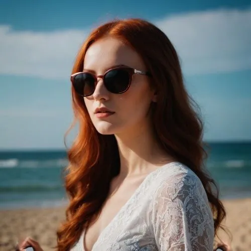 young lady with red hair, sunglasses and white dress on the beach,sunglasses,sun glasses,beach background,sunglass,rousse,sunwear