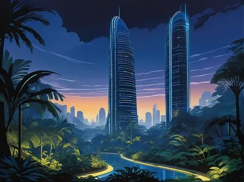 Futuristic landscape architecture, stem-like skyscraper, silver metallic material, sleek curved lines, glowing blue LED lights, surrounded by lush greenery, tropical plants, misty atmosphere, evening 