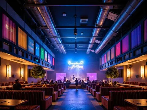 Vibrant music venue, dynamic stage lighting, bold color scheme, electric blue accents, neon green highlights, warm golden tones, rich wood textures, luxurious velvet fabrics, metallic silver details, 