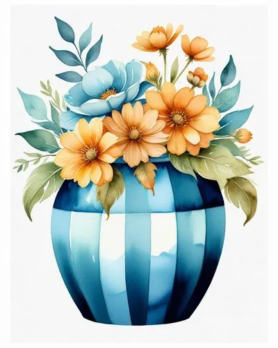 flowers and leaves are in a blue striped vase,flowers png,blue chrysanthemum,paper flower background,flower ball,flower illustrative,flower painting