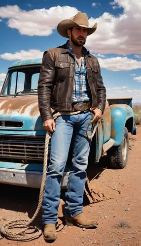 Texas cowboy, rugged man, muscular arms, messy brown hair, stubble, worn leather jacket, plaid shirt, faded blue jeans, dusty cowboy boots, holding a lasso rope, standing in front of a rusty old truck