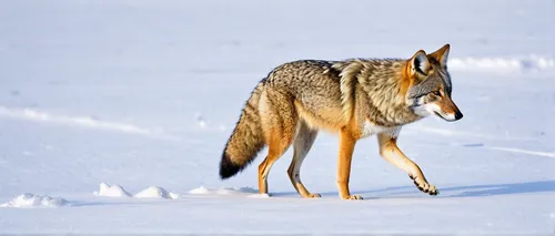 A coyote (Canis latrans) prepares to pounce in the snow for prey in a field along the Madison River in Yellowstone National Park, Wyoming.,czechoslovakian wolfdog,south american gray fox,european wolf