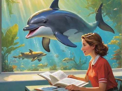 girl with a dolphin,trainer with dolphin,sci fiction illustration,dolphin school,aquarium inhabitants,dolphin background,nurse shark,book illustration,underwater background,aquarium,little girl reading,mystery book cover,bronze hammerhead shark,game illustration,book cover,dolphinarium,porpoise,child with a book,shark,fish-surgeon,Illustration,Retro,Retro 09