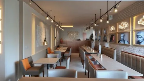 the left wall should be painted white, the furniture should be light colors and should have real textures, and subtle lighting, the pictures on the wall should be real,banquette,arzak,restaurant bern,