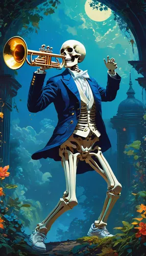 danse macabre,trumpet climber,skeleltt,trumpet,trumpet player,trumpet-trumpet,vintage skeleton,halloween background,dance of death,trumpeter,trumpet folyondár,skeletal,orchesta,trumpet gold,crab violinist,saxophone playing man,trumpet creepers,skull allover,orchestral,trombone player,Conceptual Art,Fantasy,Fantasy 05