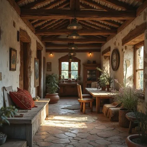 Rustic regionalism architecture, earthy tones, natural materials, reclaimed wood accents, rough-hewn stone walls, corrugated metal roofs, wooden shutters, vintage windows, distressed finishes, cozy in