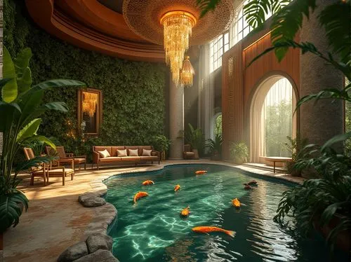 Luxurious casino interior, natural elements fusion, grand chandeliers, lavish green walls, tropical plants, water features, Koi pond, wooden accents, stone columns, elegant curtains, soft warm lightin