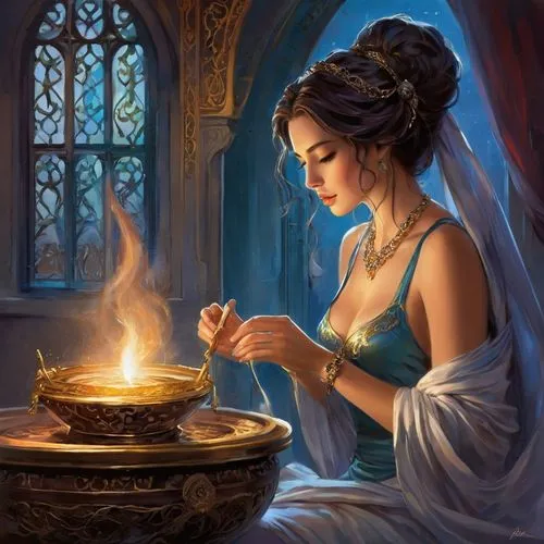 candlemaker,candlelit,burning candle,candlelight,burning candles,fire artist,fortuneteller,perfumer,fantasy portrait,fantasy art,fantasy picture,candle,candlelights,innkeeper,sorceress,enchantment,spellcasting,margaery,blue enchantress,karakas,Conceptual Art,Oil color,Oil Color 10