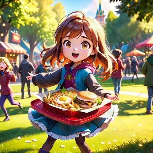 take random fast food, humanize it, maki it dancing in park,southpark style,princess anna,oktoberfest background,honoka,mikuru asahina,merida,kids' meal,birthday banner background,hamburger plate,hamb