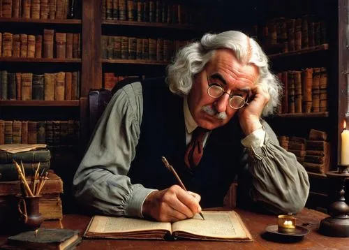 Jonathan Swift, author, 18th century, old man, white hair, thick eyebrows, glasses, vest, shirt, tie, holding quill pen, sitting at wooden desk, surrounded by books, papers, and inkwells, candle light