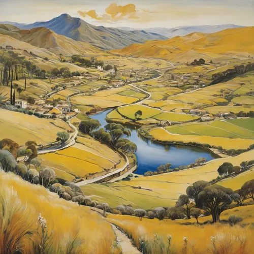 brook landscape,rural landscape,salt meadow landscape,otago,david bates,farm landscape,carol colman,river landscape,landscape,new zealand,catarpe valley,john day,rolling hills,glen of the downs,yellow mountains,autumn landscape,high landscape,yellow grass,sonoma,salt meadows,Illustration,Retro,Retro 21