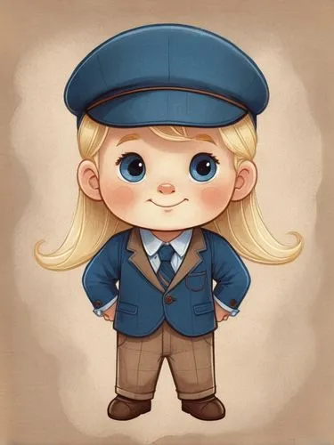 A cute boy about 2 years old, with long long hair, wearing a tailored suit, and wearing a flat cap, smiling, blonde hair, blue eyes,,police officer,policewoman,stewardess,policeman,flight attendant,in