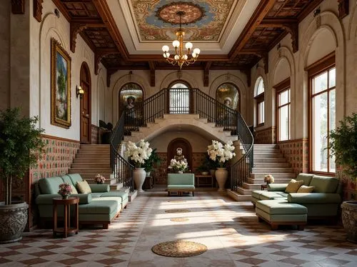 ornate room,entrance hall,hallway,cochere,foyer,ballroom,lobby,banff springs hotel,philbrook,hotel lobby,rosecliff,royal interior,wedding hall,hotel hall,victorian room,anteroom,opulently,interior decor,hallway space,opulence