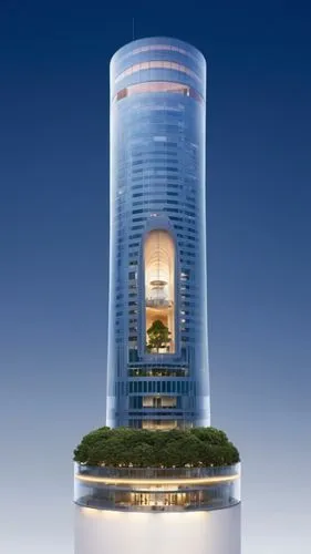 The skyscraper stands majestically against the skyline, its sleek and innovative design a testament to modern architectural excellence. The facade is a seamless blend of glass and steel, reflecting th