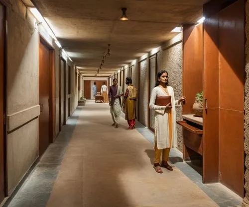 two men are walking down the hall way together,corridor,corridors,guruvayur,khadi,hallway,vrindavana,Photography,General,Realistic