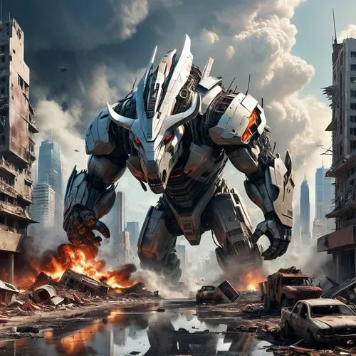 tipico paisaje de una ciudad destruida, con minotauro destruyendo la ciudad, foto ultra realista HD,the character from the upcoming video game destroy has an enormous robot like face,tankor,jetfire,ir