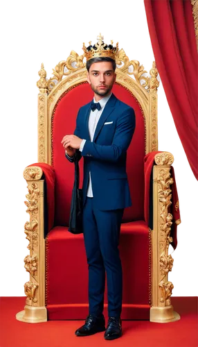 King, crown, formal attire, luxurious decorations, throne, red carpet, ornate frame, regal background, golden accents, solemn expression, dignified posture, classic composition, soft focus, warm light