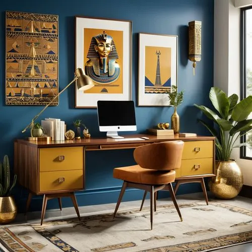 dark blue and gold,credenza,writing desk,mid century modern,sideboard,berkus,blue room,blue lamp,modern decor,wooden desk,blue wooden bee,blue painting,blur office background,contemporary decor,navy blue,bureau,decoratifs,interior decor,gold paint strokes,sideboards,Photography,General,Realistic