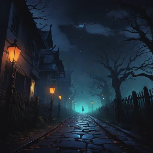 Generate a spooky and eerie anime pfp with ghosts and haunted backgrounds.,halloween background,old linden alley,halloween scene,alleyway,halloween wallpaper,halloween and horror,halloween illustratio