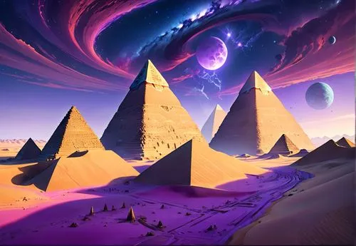 An alien world with purple deserts and ancient egyptian pyramids ,pyramids,pyramid,triangles background,eastern pyramid,kharut pyramid,alien world,alien planet,vast,fractal environment,step pyramid,th