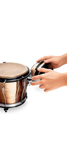 bongo drums, metallic material, brown wood texture, intricate carvings, shiny chrome hardware, dynamic pose, hands playing, fingers moving quickly, rhythmic motion, bright stage lighting, close-up sho