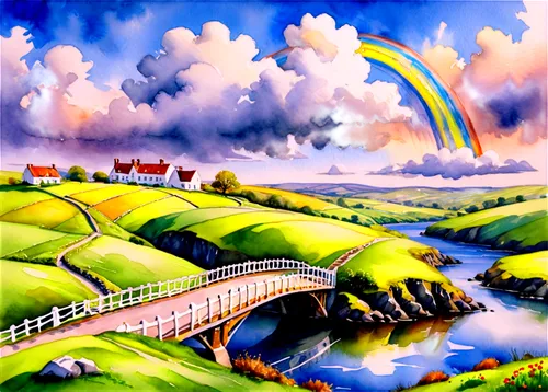 rainbow bridge,tied-arch bridge,angel bridge,arch bridge,landscape background,rainbow clouds,suspension bridge,scenic bridge,love bridge,home landscape,rural landscape,panoramic landscape,farm landscape,pontsycyllte,rainbow background,river landscape,swing bridge,viola bridge,landscape,bridge arch,Illustration,Paper based,Paper Based 24