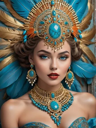 A close-up, frontal portrait of a woman adorned in elaborate, traditional-inspired regal attire. She wears an intricate gold headpiece featuring turquoise and gold stones, arranged in a symmetrical pa