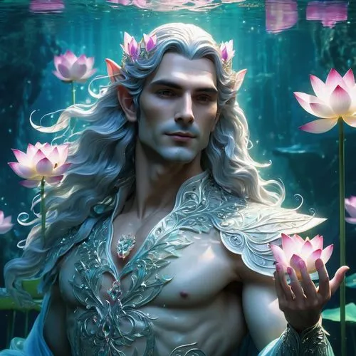 male elf,celeborn,elven flower,atlantean,lorien,wallonien,Illustration,Realistic Fantasy,Realistic Fantasy 02