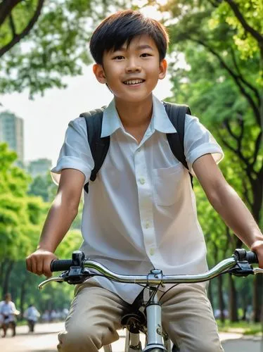 close up young Asian boy in a white shirt on his bicycle, among big  green trees in the park, with full of joy,bike kids,bicycle riding,bicycled,bicycle ride,bicycling,bicyclic,cycling,carfree,bike ri